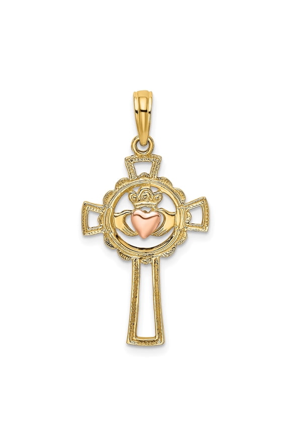 Handcrafted Two Tone Gold Cross Pendant Necklace Featuring Claddagh Design with Heart Crown and Hands Symbol for Men and Women Spiritual Celtic Faith Jewelry