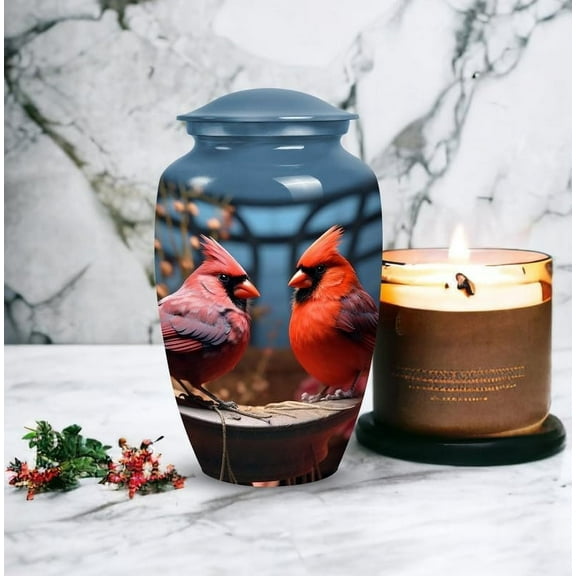 Handcrafted Urn with Red Bird Design, Memorial Urn for Ashes, Decorative and Memorial Urn, Personalized Funeral Urn, Majestic Tribute Urn