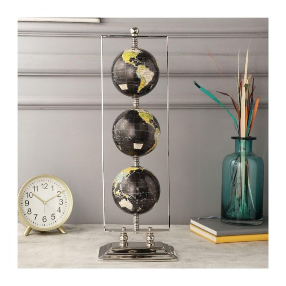 Handcrafted Vertical Triple Golden Globe Stand Decorative, Accessories For Table, Desk For Showpiece, Office Shelves, Bedroom & Gifting (Black Silver) Set Of 3 Globes In 1