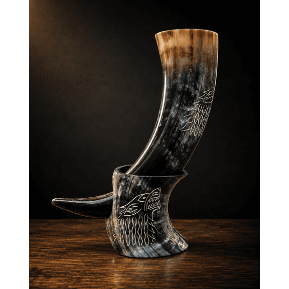 Handcrafted Viking Drinking Horn with Stand, Engraved Natural Ox Horn Mead Cup, Medieval Norse Barware Decor Gift
