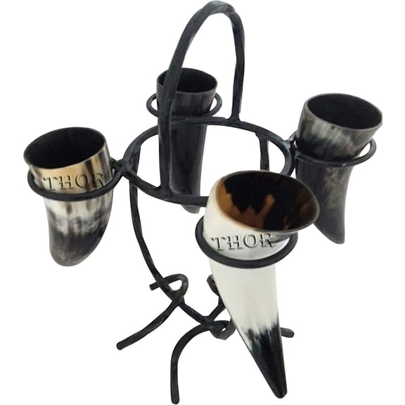 Handcrafted Viking Horn Mug with Metal Stand Set of 4