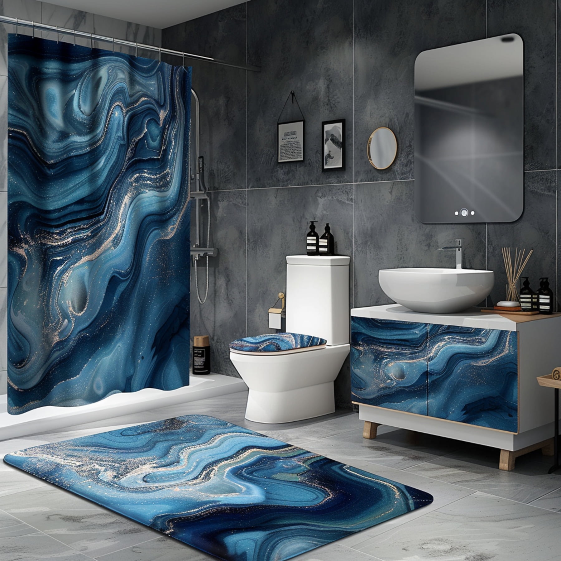 Handcrafted Wabi Sabi Style Blue Marble Bathroom Set Shower Curtain ...