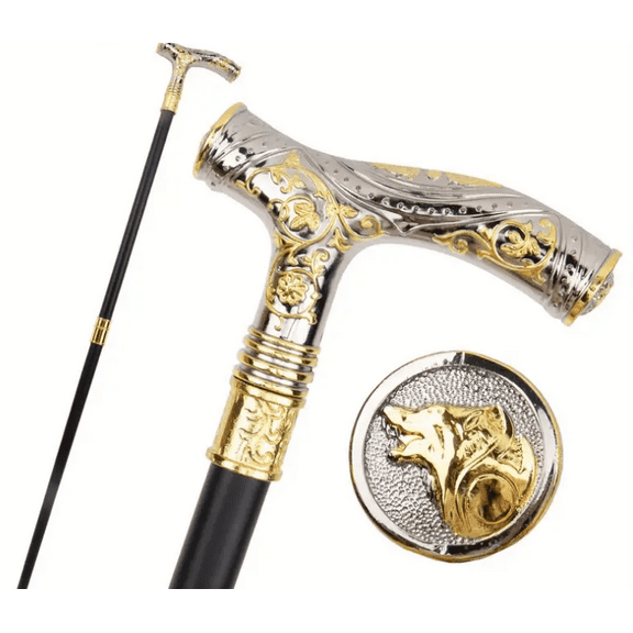 Handcrafted Walking Cane with Luxurious Gold Embellishments and Intricate Wolf Emblem A Symbol of Strength
