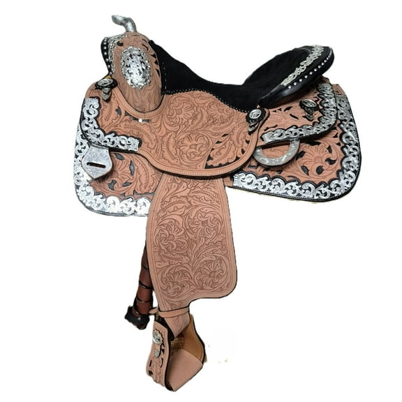 Handcrafted Western Show Saddle with Silver Detailing Tooled Leather Design/Included Free Headstall, Breastcollar (15'')