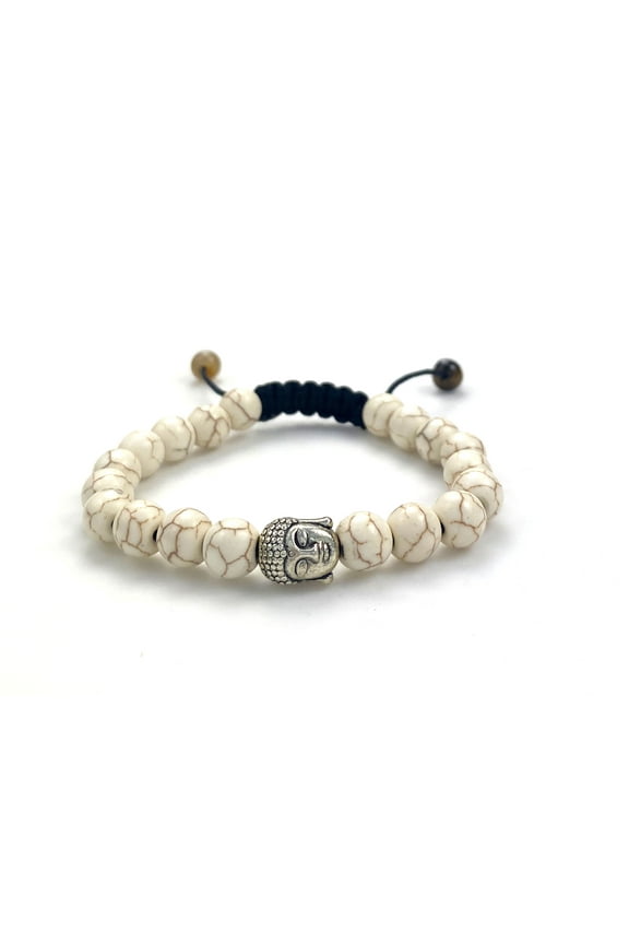 Handcrafted White Compressed Turquoise Laughing Buddha Feng Shui Bracelet for Men, Women, Gemstone Beaded Bracelet, Good Luck, Wealth, and Protection, Handmade Fashion Jewelry, White, Adjustable Size