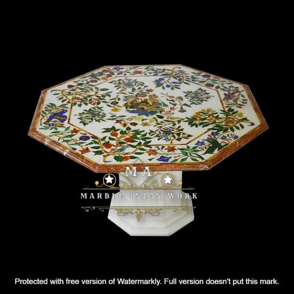 Handcrafted White Marble Coffee Table Top with Red Floral Inlay Design – Elegant Home Decor, Unique Marble Table Top for Living Room-55 Inch