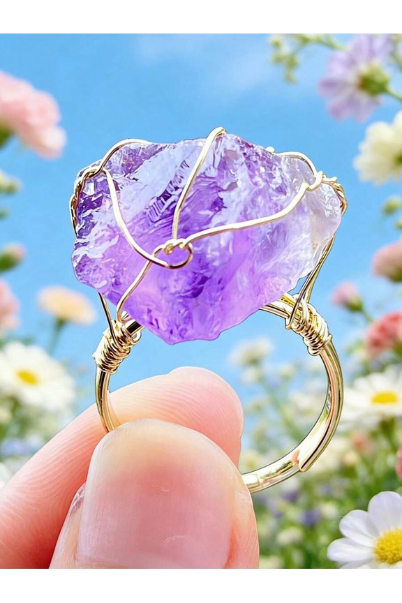 Handcrafted Wire-Wrapped Amethyst Raw Crystal Ring, Adjustable Open Band