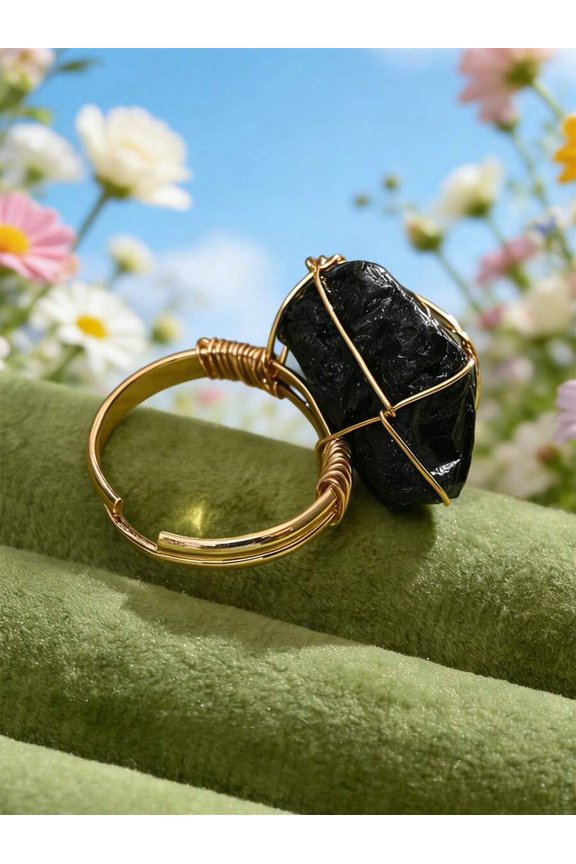 Handcrafted Wire-Wrapped Black Crystal Raw Stone Ring, Adjustable Open