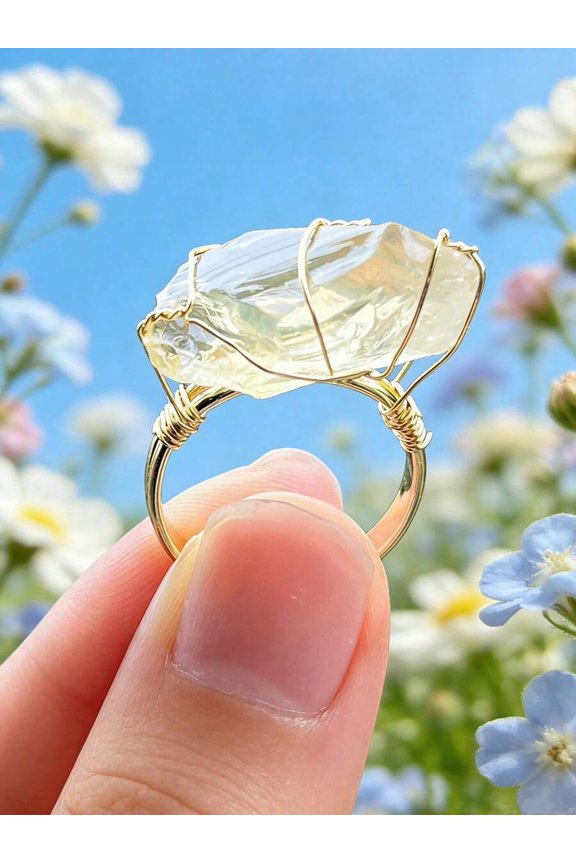 Handcrafted Wire-Wrapped Citrine Raw Crystal Ring, Adjustable Open Band