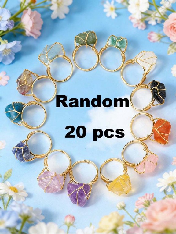 Handcrafted Wire-Wrapped Raw Crystal Rings Set, Goldtone, 20 Random Pieces