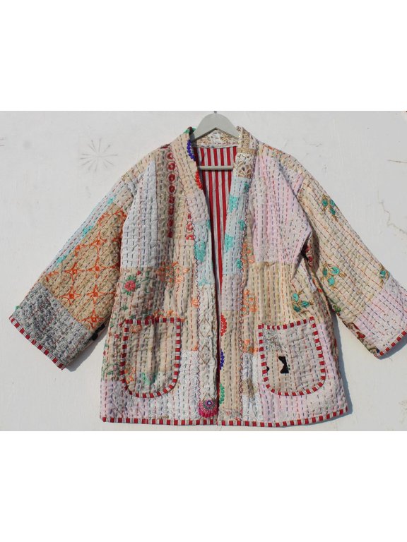 Handcrafted Women's Kantha Cotton Jacket Bohemian Style Vintage Upper Wear Hippie Patchwork Coat For Everyday Wear