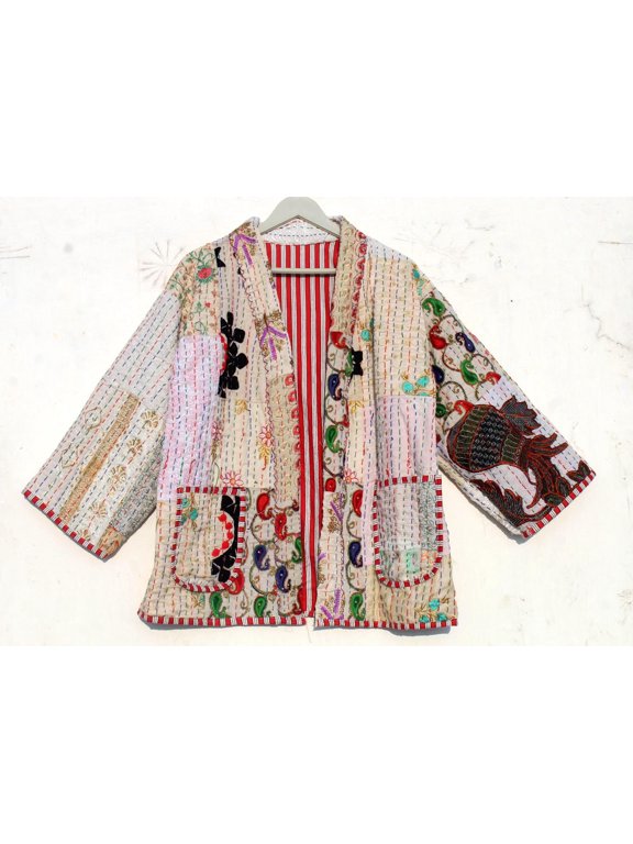 Handcrafted Women's Kantha Cotton Jacket Bohemian Style Vintage Upper Wear Hippie Patchwork Coat For Everyday Wear
