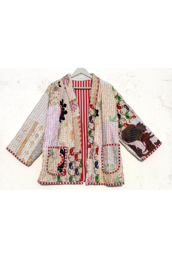 Handcrafted Women's Kantha Cotton Jacket Bohemian Style Vintage Upper Wear Hippie Patchwork Coat For Everyday Wear