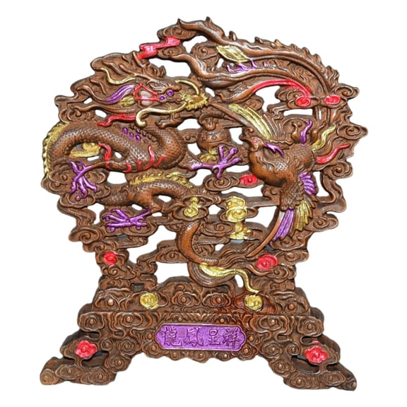 Handcrafted Wood Carving Carved Wooden Dragon Phoenix Screen Traditional Chinese Auspicious Prosperity Union Blessing Harmony