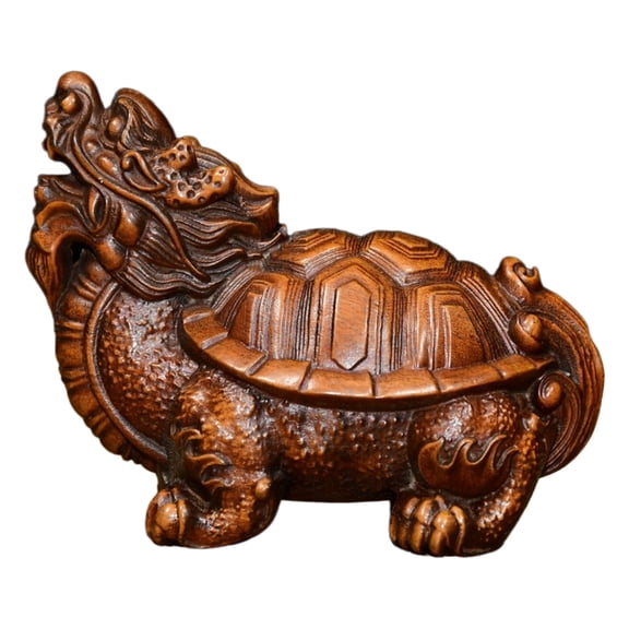 Handcrafted Wood Carving Carved Wooden Dragon Tortoise Feng Shui Chinese Mythical Figurine Longevity Stability Fortune
