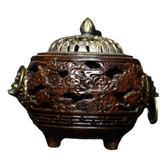 Handcrafted Wood Carving Wooden Carved Dragon Incense Burner Oriental Embedded Metal Cloud Pattern Small Size Decorative