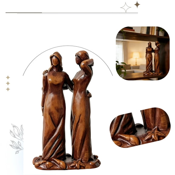 Handcrafted Wood-Look Resin Figurine, 13.5 cm Sisters Unity Sculpture, Modern Home Decor Ornament, Brown Standing Figures Collection Back-to-School Gifts