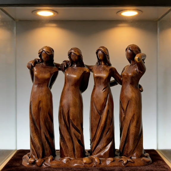 Handcrafted Wood-Look Resin Figurine, Sisters Unity Sculpture, Modern Home Decor Ornament, Brown Standing Figures Collection