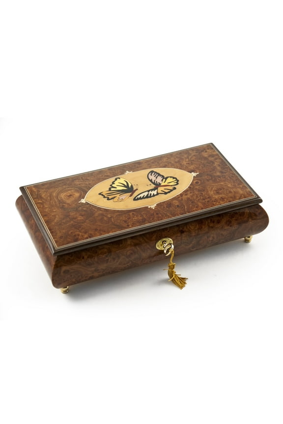 Handcrafted Wood Tone Twin Butterfly Inlay Music Jewelry Box - God Bless America