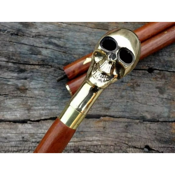 Handcrafted Wood Walking Stick Gothic Skull Head Handle 3 Fold Wooden Cane for Men Women