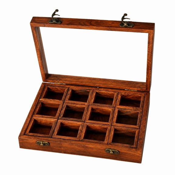 Handcrafted Wooden 12-Compartment Spice Storage Box with Glass Lid, Decorative Masala Organizer for Kitchen, Herbs & Seasonings