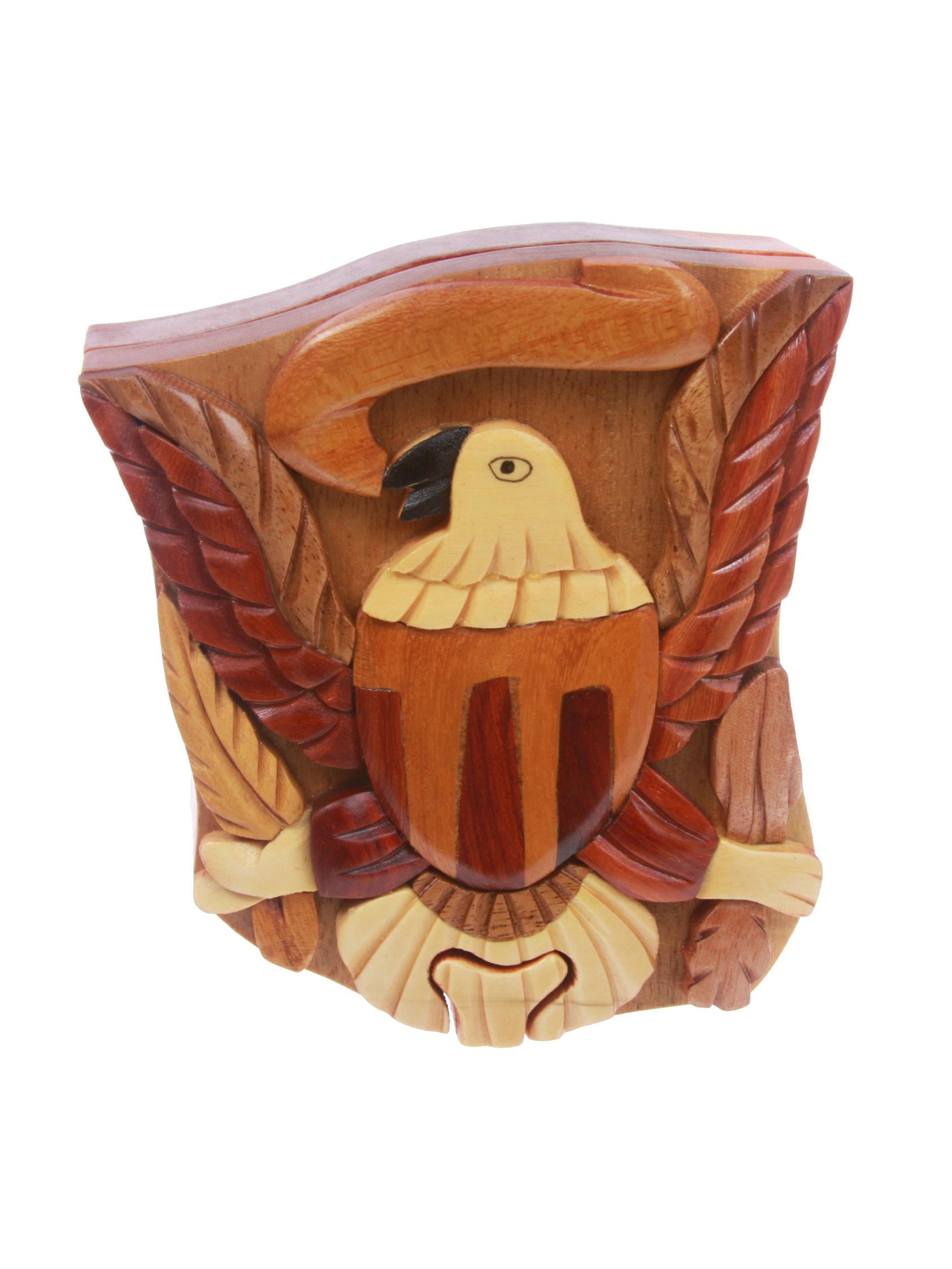 Handcrafted Wooden Animal Shape Secret Jewelry Puzzle Box - Eagle