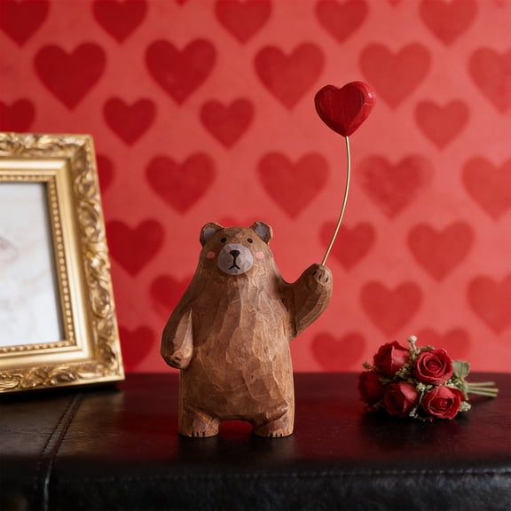 Handcrafted Wooden Bear Figurine with Heart Balloons – Romantic Valentine’s Day Desk Ornament, Premium Wood Carving Gift for Loved Ones & Home Accent, Home Decor