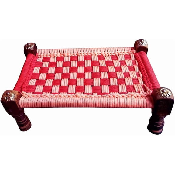 Handcrafted Wooden Charpai Low Stool, Red & Pink Woven Rope Seat, Traditional Indian Bajot