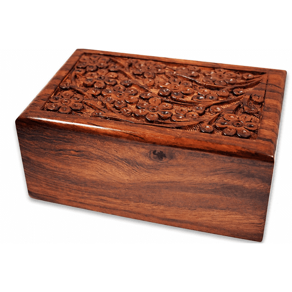 Handcrafted Wooden Cremation Urn for Human Ashes  Large Rosewood Memorial Box with Floral Carving, Keepsake Funeral Urn for Men and Women
