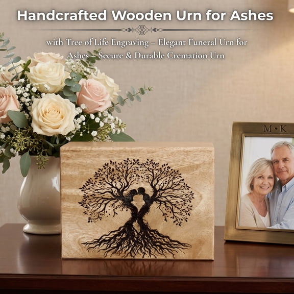 Handcrafted Wooden Cremation Urn for Human Ashes  Tree of Life Couple Engraving Memorial Urn Box  Solid Wood Funeral Urn with Secure Bottom Closure