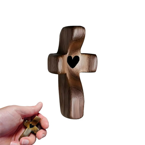 Handcrafted Wooden Cross My Heart, Wooden Cross, Relieve Anxiety Comfort Cross for Clutching, Clinging and Praying, Pocket Cross Religious Gift for Children and Adults