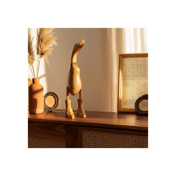 Handcrafted Wooden Duck Figurine with Boots - Bamboo Wood Boho Decor for Home, Office, Bedroom, Living Room - Rustic Aesthetic Accent Piece - 20" Brown
