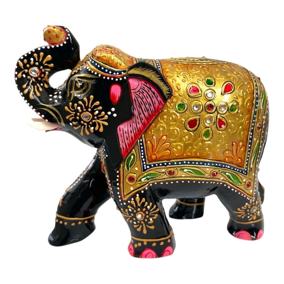 Handcrafted Wooden Elephant Figurine - 4 Inch, Decorative Elephant Statue with Gold & Gemstone Artwork for Home, Office & Gift (4 In)