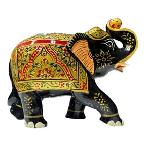Handcrafted Wooden Elephant Figurine – Traditional Artwork, Gold & Gemstone Embellishments – Lucky Decorative Elephant Statue for Prosperity | Beautiful Elefantes Decorativos para Sala (Black & Gold)