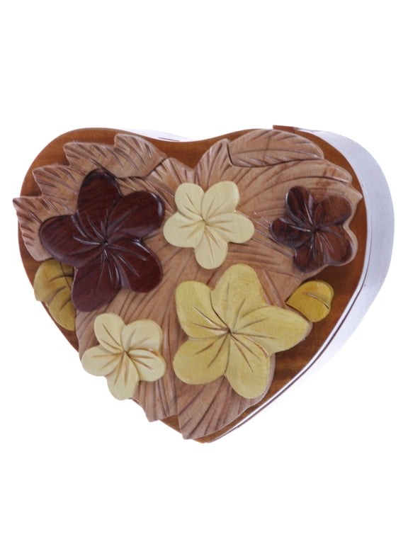 Handcrafted Wooden Flowers Heart Shape Oval Secret Jewelry Puzzle Box - Flowers & Heart