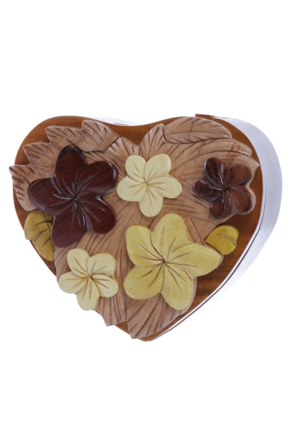 Handcrafted Wooden Flowers Heart Shape Oval Secret Jewelry Puzzle Box - Flowers & Heart