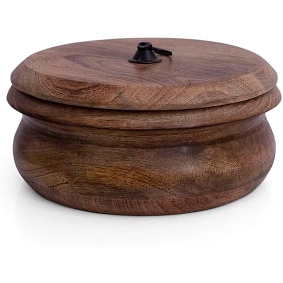 Handcrafted Wooden Mexican Tortilla Warmer Basket Indian Chapati Roti Bread Holder Box Pancake Keeper Serveware Hot Pot Casserole Dish With Lid Home Kitchen Dining Decor, Natural Brown, 9 x 4 Inches