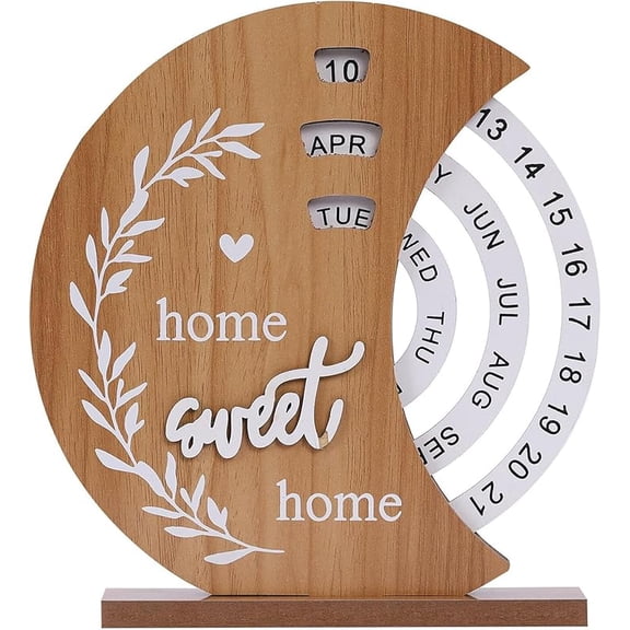 Handcrafted Wooden Perpetual Calendar with Rotating Moon Phase Disk & Date Blocks – Never Expire Desk Organizer, Vintage Home Office Decor Gift