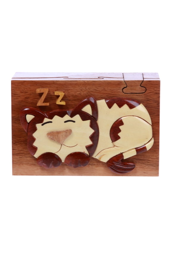 Handcrafted Wooden Rectangular Sleeping Kitty Secret Jewelry Puzzle Box - Sleeping Cat
