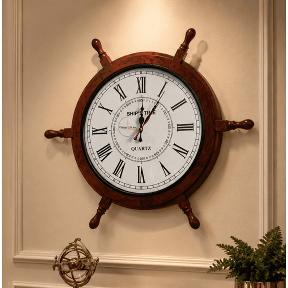 Handcrafted Wooden Ship Wheel Wall Clock for Home and Office Decor Premium & Natural Wood Crafted | Antique Nautical Decor 24" Clock