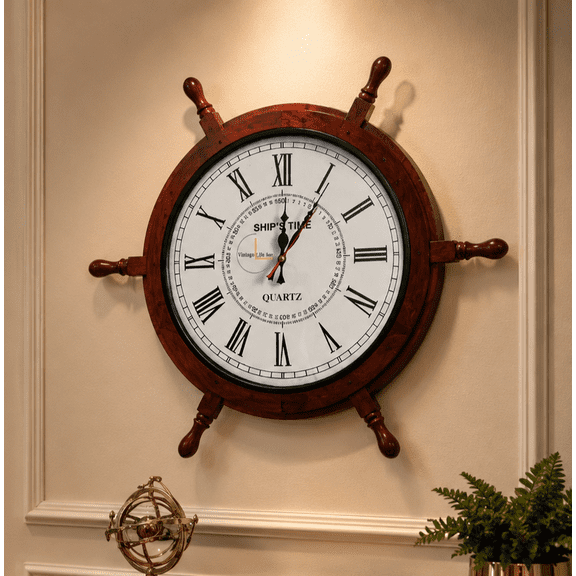 Handcrafted Wooden Ship Wheel Wall Clock for Home and Office Decor Premium & Natural Wood Crafted | Antique Nautical Decor 24" Clock