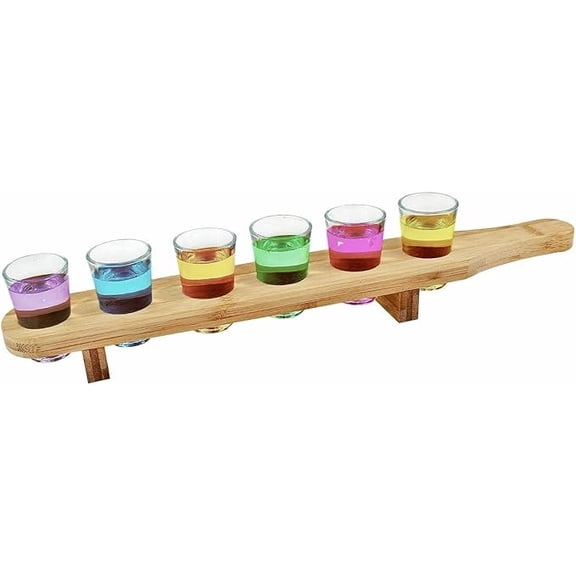 Handcrafted Wooden Shot Glass Serving Set  6 Shot Glasses | Bar Countertop for Home Pub | Shot Serving Tray & Shot Glass Paddle.