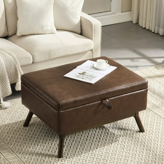 Handcrafted Wooden Storage Bench With High Density Foam For Home Use Brown Leather Coffee Table Option And Stable Base Living Areas