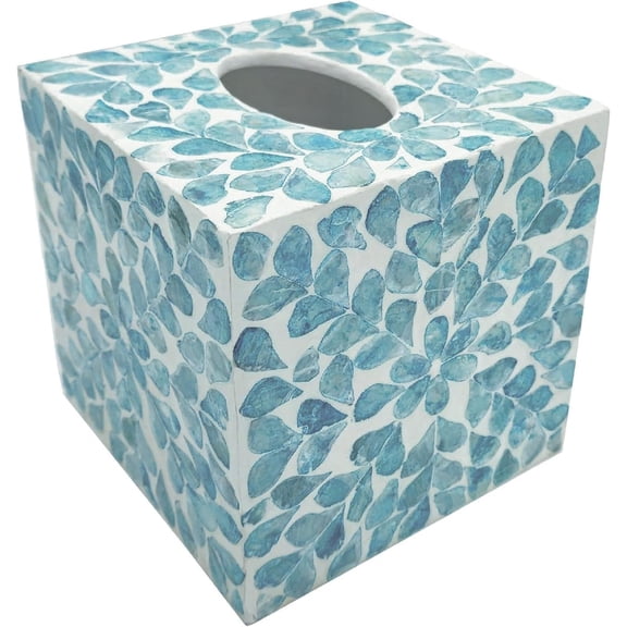 Handcrafted Wooden Tissue Box Cover for Small Cube Tissue Boxes Only (Max Inner Size 4.7”) – Capiz Shell Inlay Decorative Tissue Holder for Bathroom, Living Room & Office (Teal Vines)