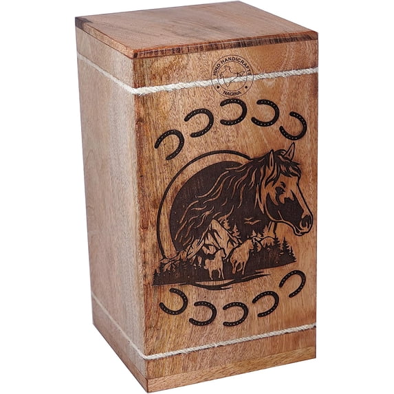 Handcrafted Wooden Urns for Human Ashes Adult Large - Rising Sun Cremation Urn for Ashes -Burial Urn for Columbarium - Funeral Urn Box (250 LB - Hardwood, Horse-2)
