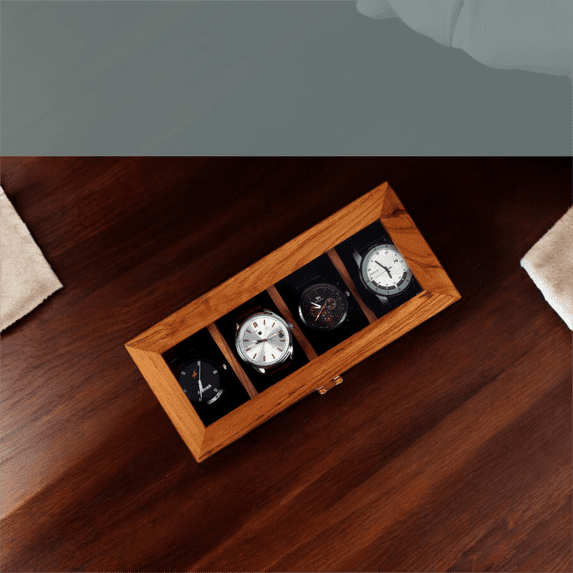 Handcrafted Wooden Vintage Watch Box for Men, 4 Slots, Includes Glass Lid and U Locks, Watch Boxes & Cases