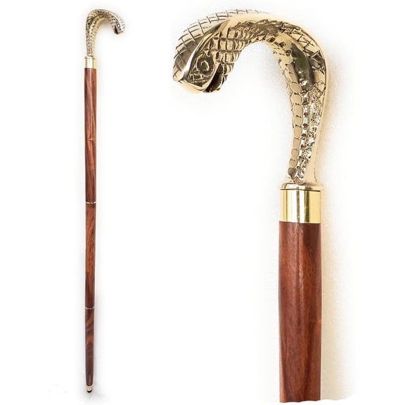 Handcrafted Wooden Walking Stick Cane with Gold Brass Snake Handle, Decorative Designer Mobility Support Walking Cane for Men & Women, Lightweight Sturdy Wood Shaft