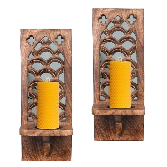 Homebia Designs Wooden Wall Candle Sconces Set of 2 with Mirror, Rustic Decorative Wall Candle Sconces , 16 inch - Natural Burnt Finish