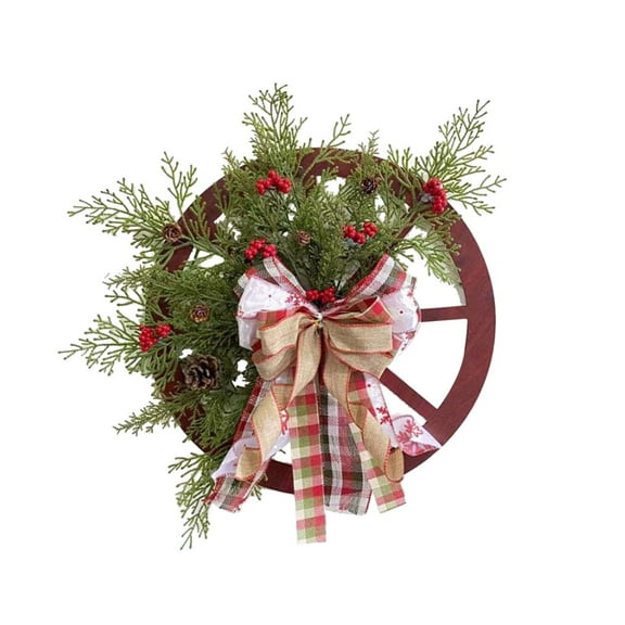 Handcrafted Wooden Wheel Christmas Wreath, Upside down Tree Decoration with Festive Accessories for Front Door, Wall, Mantel, And Outdoor Porch Holiday Decor, 1X Christmas Wooden Wheel Wreath