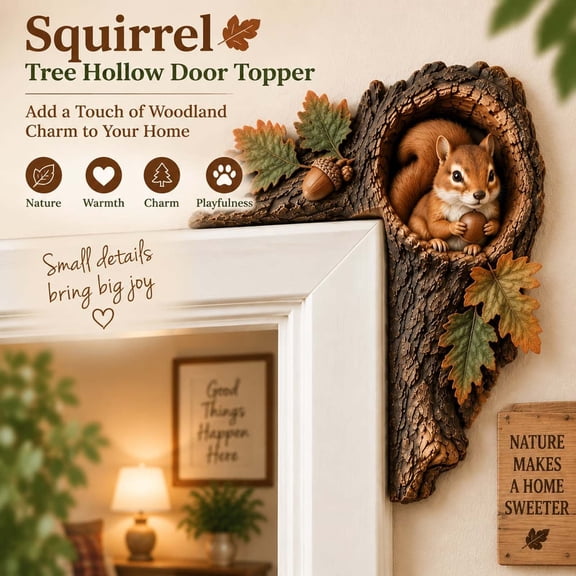 Handcrafted Woodland Squirrel Ornament, 7.9 In Flat Wood Cutout With Tree Hollow Branch Design, Accent For Door Frame And Entryway - Squirrel